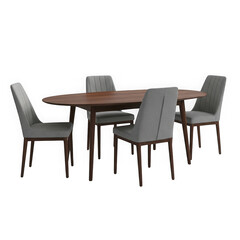 Fototapeta premium Modern wooden dining table set with four grey fabric chairs for home interior design isolated on transparent background , PNG