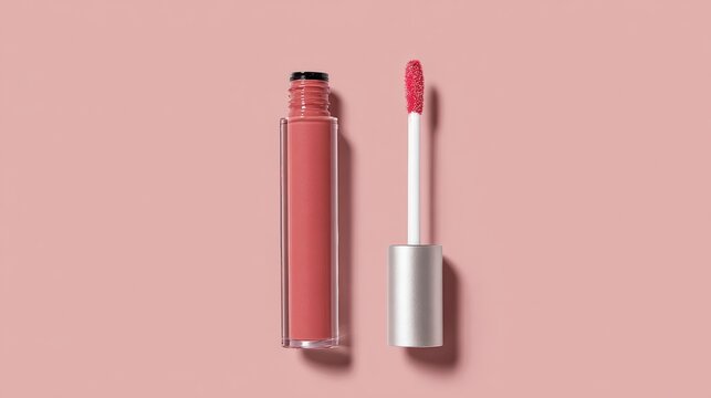 Top view of open liquid lipstick tube with applicator wand on pastel pink background, minimal beauty makeup cosmetic mockup with copy space for branding, packaging design, product display and fashion 