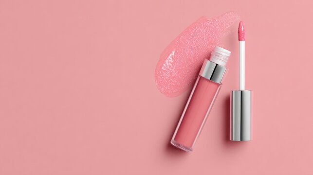 Top view of open liquid lipstick tube with applicator wand on pastel pink background, minimal beauty makeup cosmetic mockup with copy space for branding, packaging design, product display and fashion 