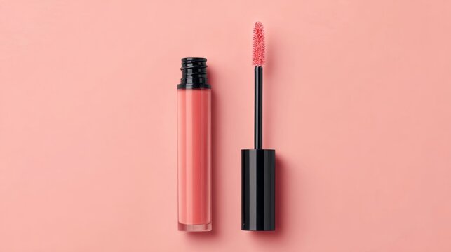 Top view of open liquid lipstick tube with applicator wand on pastel pink background, minimal beauty makeup cosmetic mockup with copy space for branding, packaging design, product display and fashion 