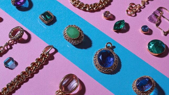 top view of fashion jewelry and accessories arranged on bright color background, luxurious bijouterie collection with elegant necklaces, rings, earrings and bracelets for trendy fashion, beauty, glamo