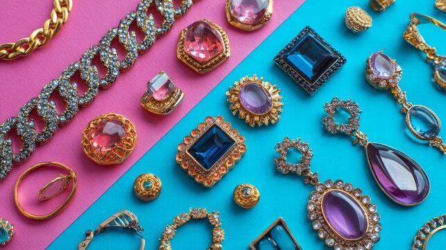 top view of fashion jewelry and accessories arranged on bright color background, luxurious bijouterie collection with elegant necklaces, rings, earrings and bracelets for trendy fashion, beauty, glamo