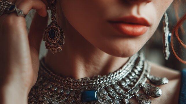 Unrecognizable woman wearing modern decorative jewelry, elegant fashion accessories close up, luxury contemporary style, glamorous female portrait with stylish necklace and earrings space