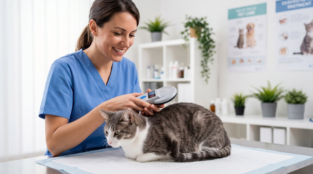 Microchipped cat at vet clinic receiving wellness check by veterinarian with scanner. Professional vet examines furry patient closely while ensuring microchip functionality and health assessment.