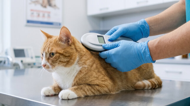 Cat receiving microchip scan at veterinary clinic for ID verification. Cat is being examined by veterinarian with scanner at pet healthcare facility.