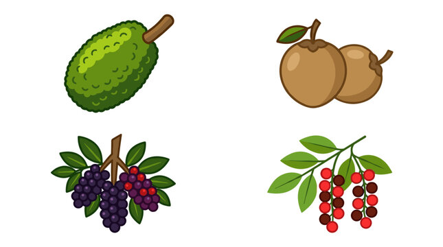 Flat color icons of four tropical fruits including cempedak, kepel, wuni, and buni fruits arranged in a 2x2 grid, simple pixel art style