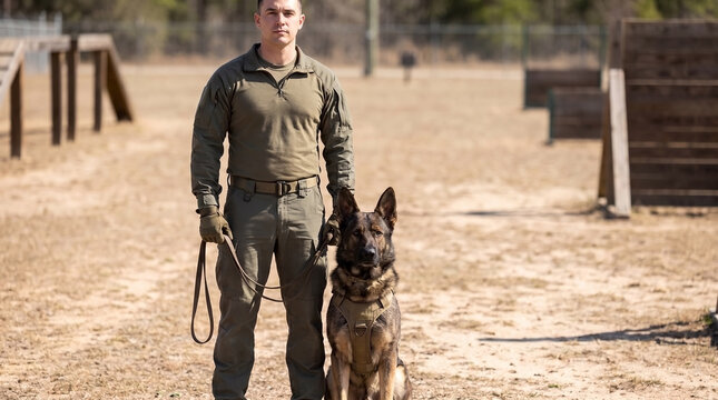 Military dog handler with German Shepherd standing in training area, showcasing strong bond and professionalism. Military training environment emphasizes teamwork between handler and dog,