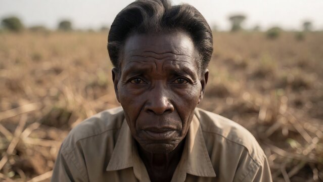 Portrait of an elderly African man standing in a dry rural field looking directly at camera with a serious expression, highlighting the challenges of subsistence agriculture and poverty