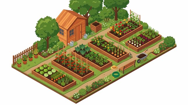 Organic home vegetable garden isometric illustration with diverse crops in raised wooden beds, a shed, and tools for sustainable backyard farming.