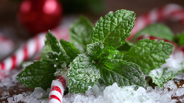 Fresh mint leaves with sugar and candy canes on a festive holiday surface