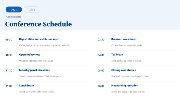 Corporate Conference Schedule Template Day 1 with Agenda, Timeline and Event Sessions Suitable for business conferences, seminars, workshops, presentations, corporate events, and editable schedule.