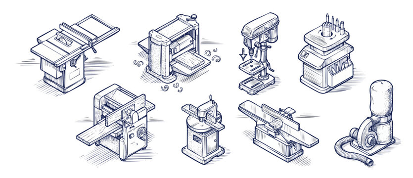 Woodworking machinery isometric line art collection of carpentry workshop power tools including table saw, drill press, thickness planer, shredder, and jointer for industrial craft design templates.