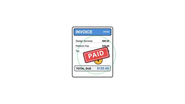 A paper invoice slides in, a coin lands, and a large PAID-style stamp shape drops
without text.