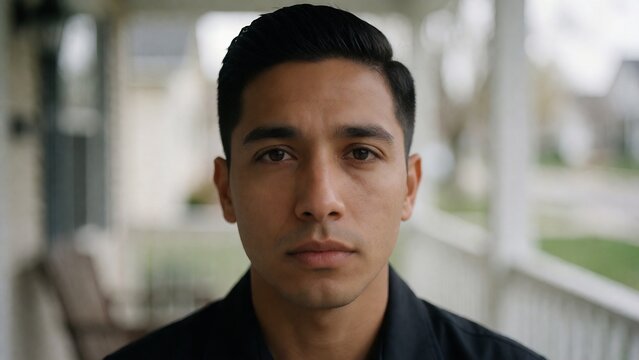 Portrait of Young Hispanic Man Looking at Camera Front View with Serious Expression Standing on Porch of Residential House Exterior During Daytime in Natural Light Concept Photography