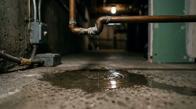A large puddle of water forms on the concrete floor near a leaking copper pipe in a dimly lit industrial room with a door frame waiting for assembly.