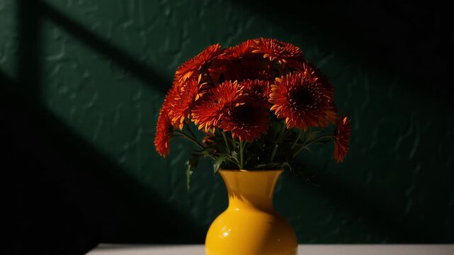 緑の壁を背景に鮮やかな菊の花束が黄色の花瓶に飾られ、徐々に光が薄れていく夕暮れの情景