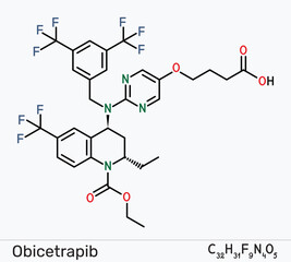 Fototapeta premium Obicetrapib molecule. CETP inhibitor structure for dyslipidemia, hypercholesterolemia, and cardiovascular disease research. Skeletal chemical formula