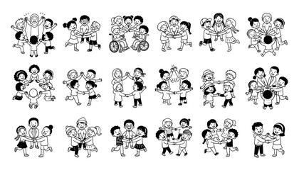Obraz premium Children Cartoon Character Set with Diverse Outfits, Playful Poses, and Hand Drawn Black Line Silhouettes