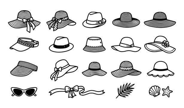 Summer hat outline vector icon set with beach hats sun hats and fashion accessories collection isolated on white background