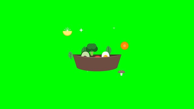 A flat vector animation of a healthy salad bowl with floating ingredients, isolated on a chroma key green background for video production.