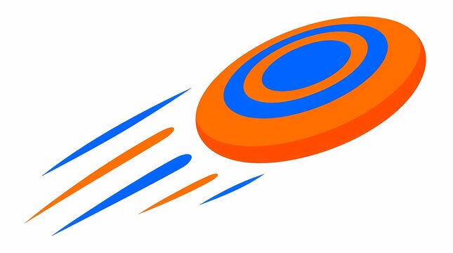 Orange and blue frisbee flying dynamically with motion blur effect, representing outdoor recreational sports, play, and summer leisure activities, isolated vector illustration.