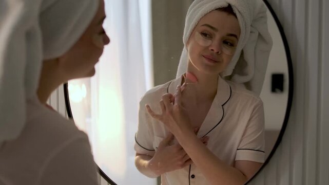 Young woman with a towel wrapped around her hair using a rose quartz facial roller while wearing under eye patches in front of a mirror. Home skincare, beauty treatment and self care wellness concept