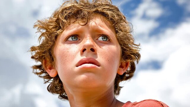 Teenager looks upward with curiosity under a bright sky Generative AI