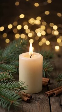 Cozy ivory holiday candle burning with warm flickering flame and glowing background
