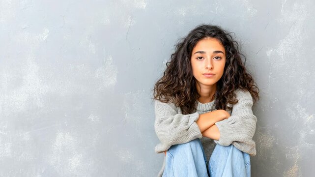 Teenager shifts posture while sitting against a gray wall in a quiet space Generative AI