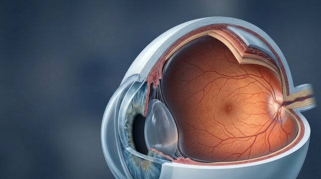 Human Eye Cross-Section Visualization: The intricate layers of the cornea and retina rest within the complex anatomical structure of the globe in this visualization