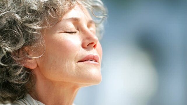 Elderly woman enjoys the sun and feels warmth on her face outside Generative AI