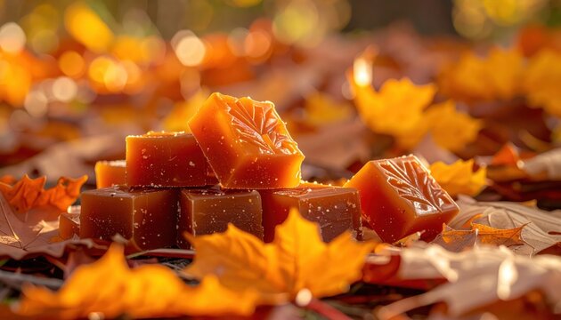 Maple Syrup Candies Arranged Among Autumn Leaves