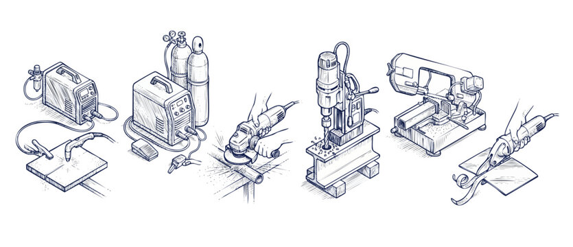 Metalworking welding tools industrial machinery illustration set showing fabrication processes including steel cutting grinding and drilling in workshop line art vector drawing on white templates set.