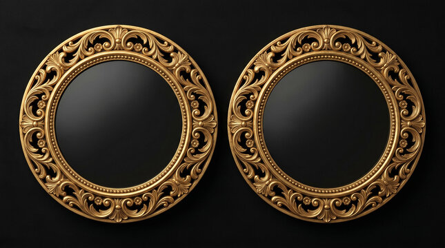 Two ornate round gold frames on black background.