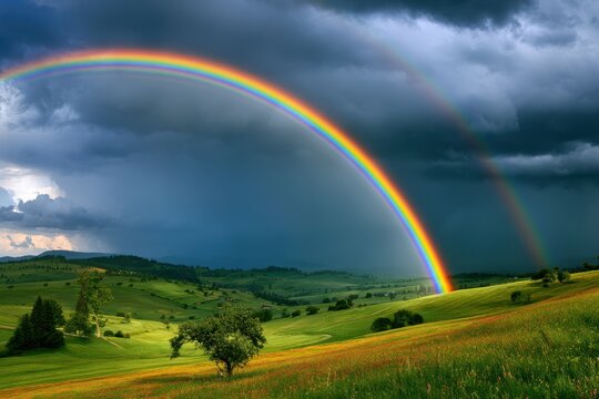 Double rainbow arching over green hills under dramatic stormy clouds in a cinematic landscape for environmental marketing