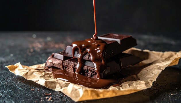 Melted Dark Chocolate Drizzling Over Artisan Chocolate Bars