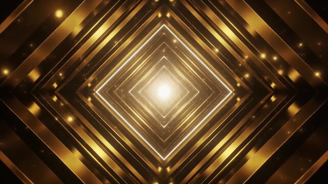 Elegant 3D tunnel background featuring reflective golden diamond shapes and glowing light particles. Perfect for award shows, luxury events, fashion intros, and premium stage visuals.