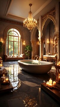 Luxurious Ornate Bathroom Interior with Freestanding Bathtub and Candlelight in Elegant Palace Style Room