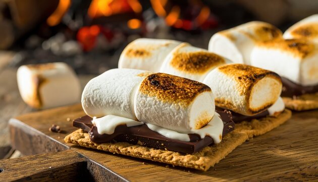 Perfectly Toasted Marshmallow Smores with Melting Chocolate and Graham Crackers by a Fire