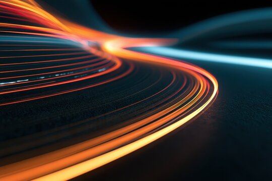 Light trails curving along a dark highway in long exposure photography with vibrant motion blur for automotive marketing