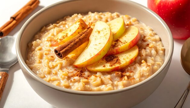 Creamy Oatmeal Bowl Topped with Sliced Red Apple and Cinnamon on White Table