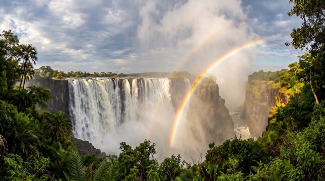 Panoramic landscape of Victoria Falls featuring double rainbow mist and lush green forest under cloudy sky