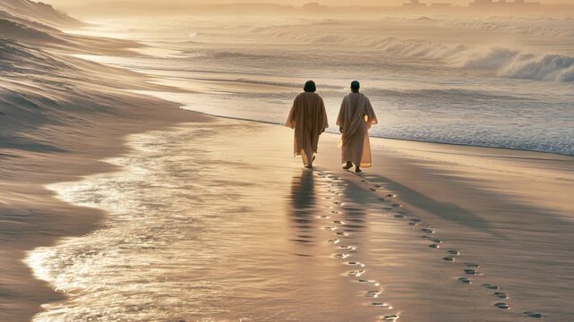 Two figures walk along the shore as waves crash on the beach during sunset with footprints in the sand