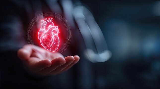 Doctor holding glowing holographic human anatomical heart. Medical illustration, heart diseases, heart health