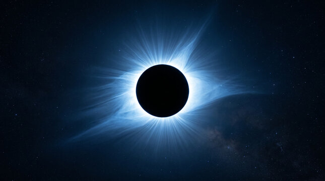 Total solar eclipse with blue corona in space.
