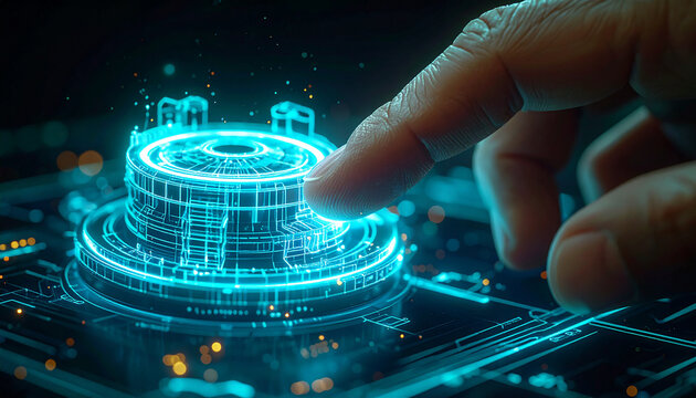 Interactive Technology Interface: A close-up shot shows a finger touching a futuristic, glowing blue digital interface, representing advanced technology and innovation.