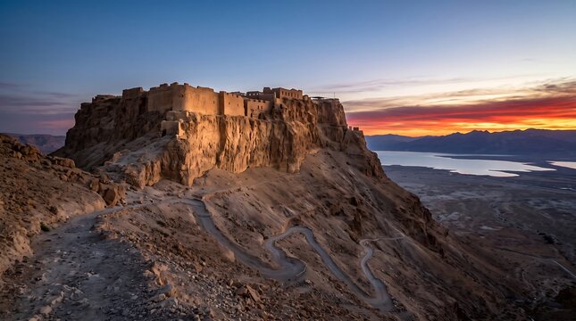 Panoramic view of Masada fortress ruins at sunrise with Dead Sea background and desert mountain path