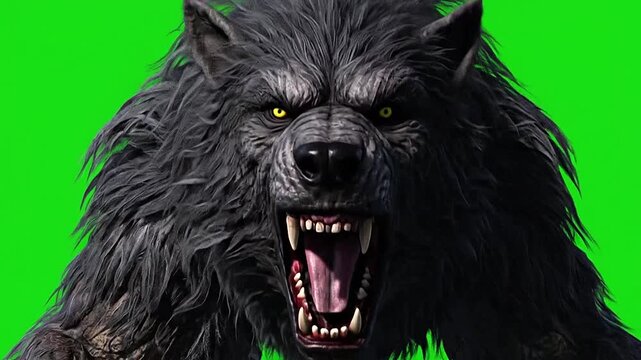 A fierce black wolf growls against a bright green background