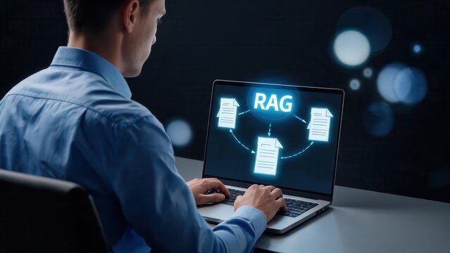 Man working on laptop with RAG diagram