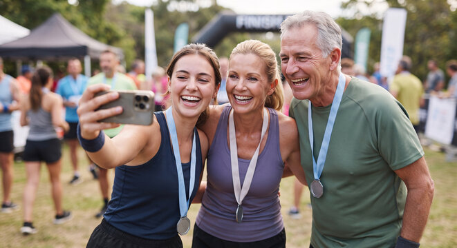 Happy family runners taking selfie together at marathon finish line with medals
